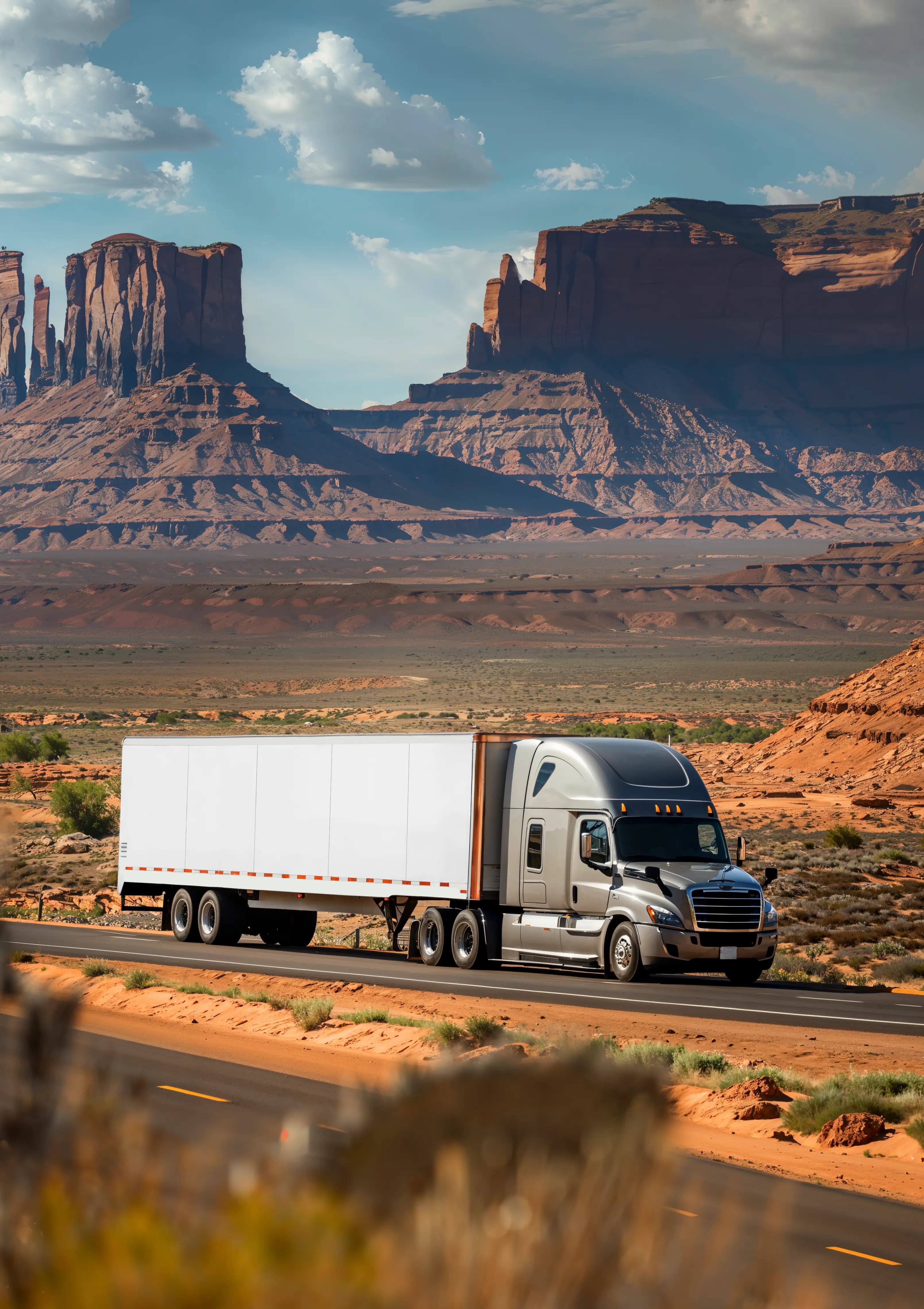 Truck on a desert highway near Monument Valley