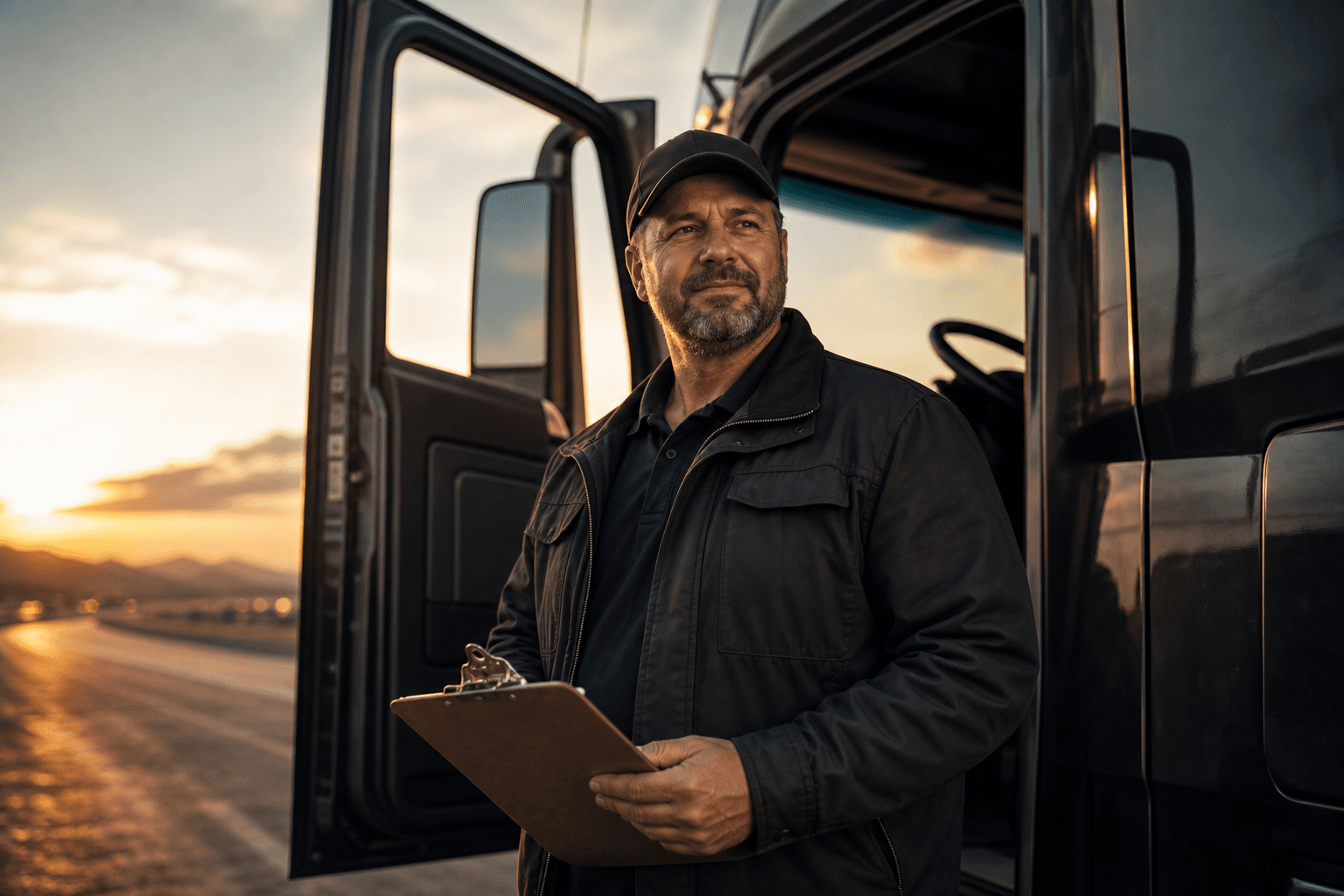 Truck driver standing beside his cab at sunset